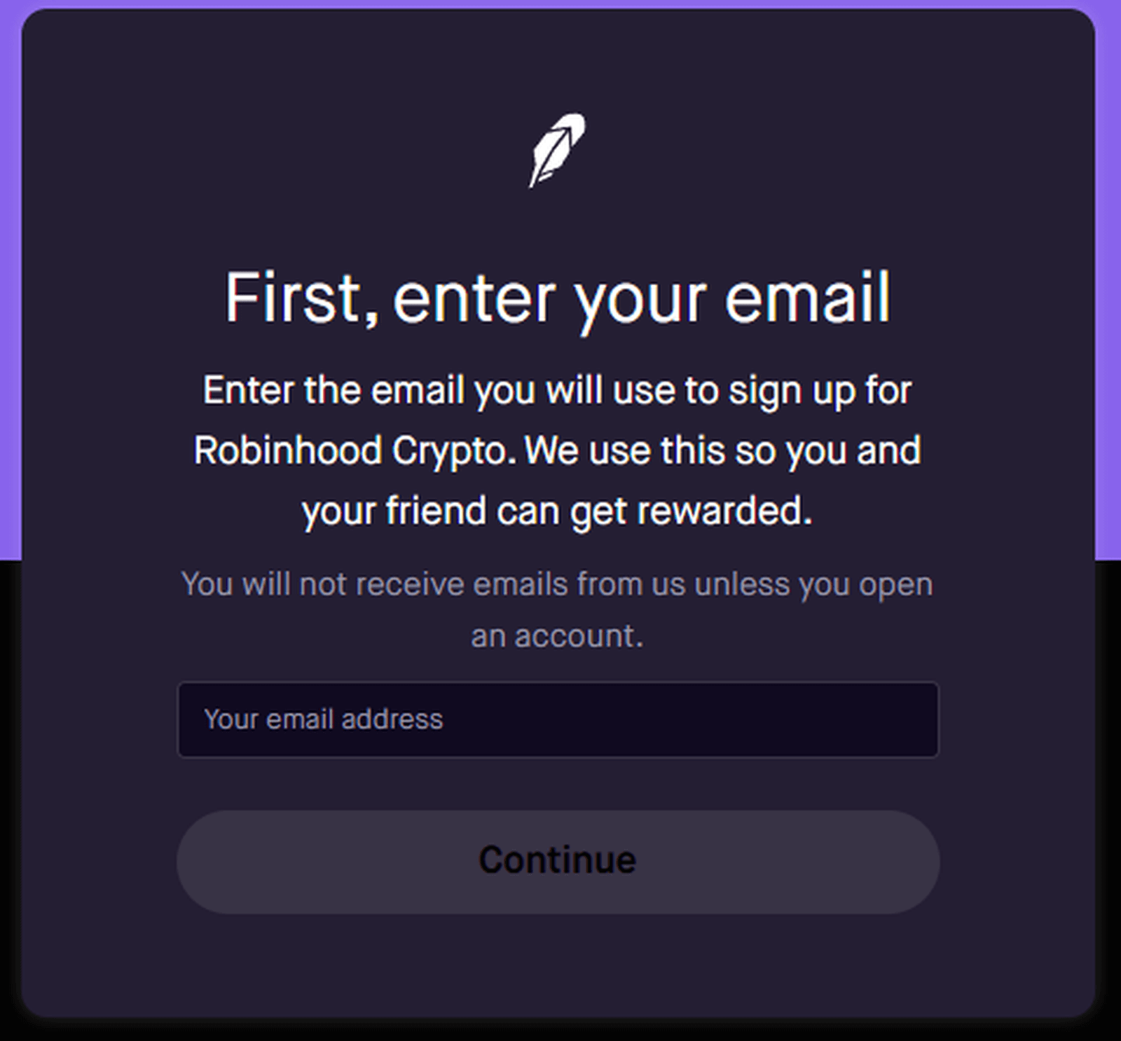 Enter your email address to receive your BTC welcome bonus from Robinhood Crypto